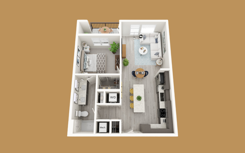 A2-S - 1 bedroom floorplan layout with 1 bathroom and 765 square feet (3D)