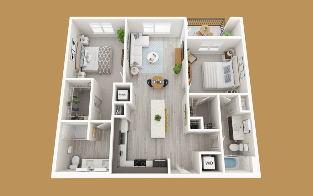 B3 - 2 bedroom floorplan layout with 2 bathrooms and 1098 square feet (3D)